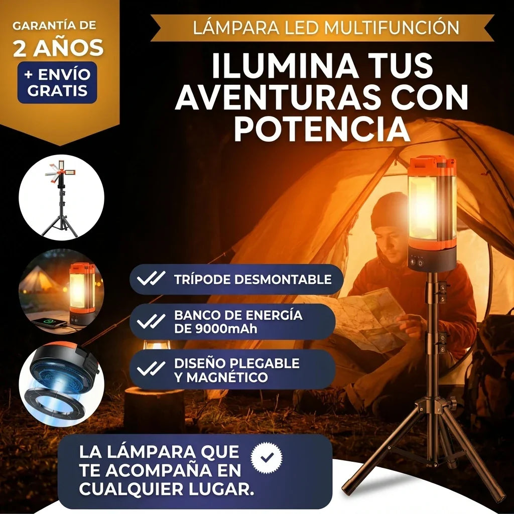 LINTERNA LED DE 3 CABEZALES CON TRIPODE Y BATERÍA EXTERNA