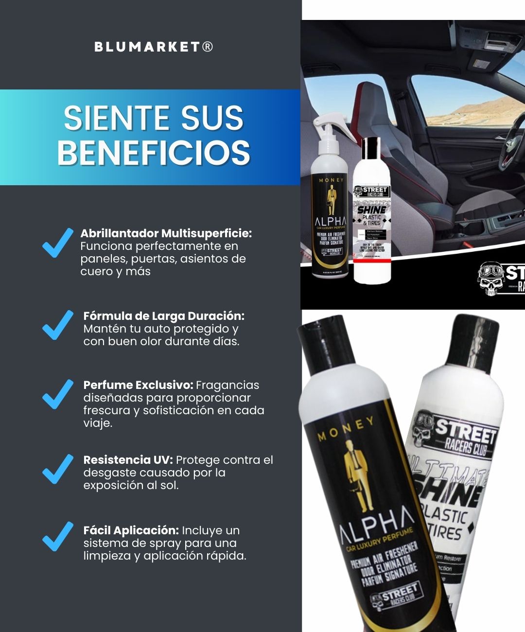Combo Abrillantador interiores + Perfume auto larga duración